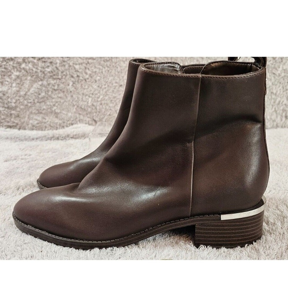 Calvin Klein Ankle Boots Buttery Brown Leather Silver Logo Detail Women 9M NEW